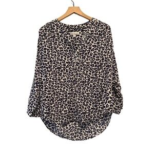 AMOUR VERT 100% silk Size L Cream Navy Leopard Flower Matisse Blouse Top